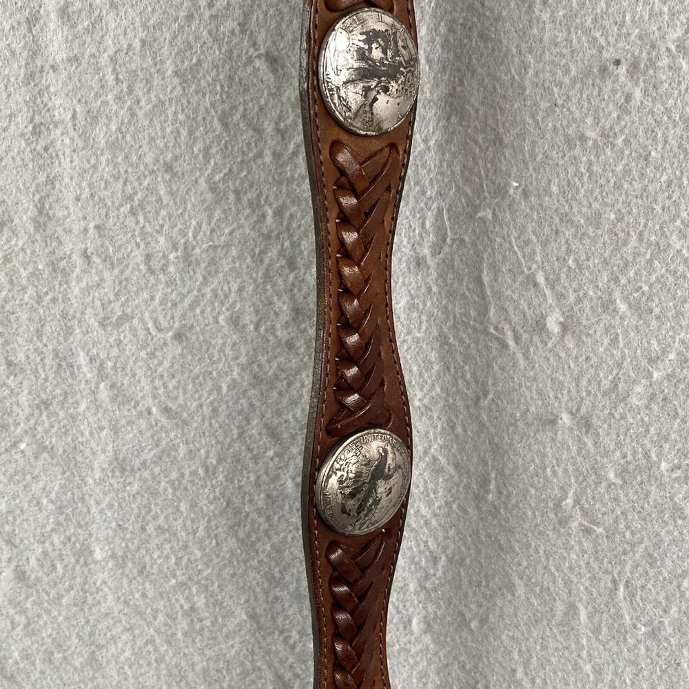 Indiana Metal Leather Belt Brown Silver Domed Walking Liberty Coins Concho - Picture 15 of 16